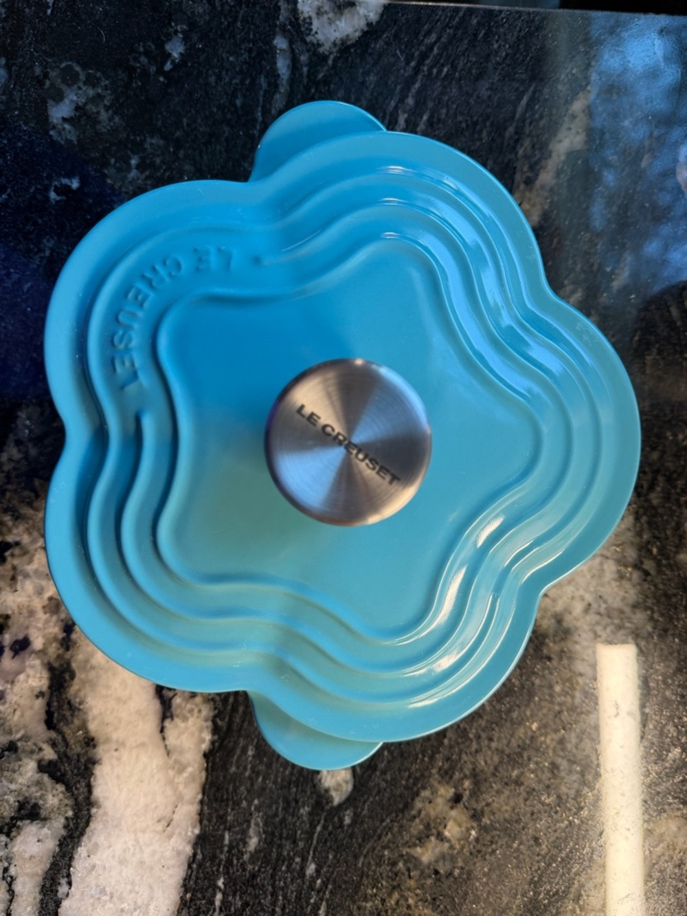 Le Creuset Turquoise Flower-Shaped Cocotte Fafa with Stainless Knob
